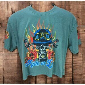 Weekend Warrior Ride Or Die Graphic Cropped‎ T-Shirt Large Skull Roses & Flames